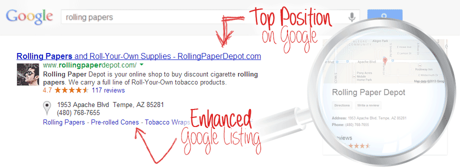 Proof SEO Works from Our Search Listing with Rolling Paper Depot